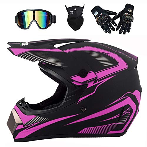 LEENP Casco de Motocross, Cascos de Motocicleta Exquisito Set con Gafas/Máscara/Guantes, Motos Deportivas Off-Road DH Enduro Casco ATV MTB Quad Moto Cascos de Cross para Hombres Mujeres, Rosa,M