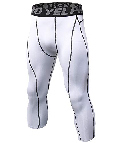 Leggings 3/4 Hombre Deportivos Mallas Térmicos Correr Gimnasio Pantalones de Compresión Blanco S