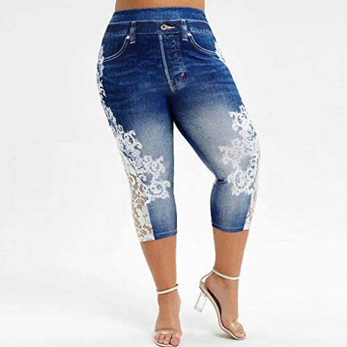 Leggings Mujer Fitness 2021 Venta de Liquidación Mujeres Jeans Moda Encaje Impresión Empalme Cintura EláStica Pantalones Verano Casual Pantalones Largos Tallas Grandes(Azul 2,3XL)