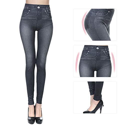 Leggings Vaqueros de Entretiempo para Mujer Encaje de Vaquero Jeans De Moda Popular Ligero Alta Cintura Elástico Abrigado Zanquivano (L/XL, Negro)