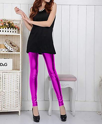 Leggins para Mujer Elásticos Cómodos Acabado Colores Brillantes Metalizados Imitación Cuero con Cintura Elástica (Fucsia, S/M)
