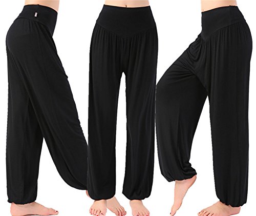 Leisial Pantalones de Yoga Algodón Suave Piernas Pantalones Anchos Sólido Color Elástico Pretina Pantalones Bombachos de Fitness Bailan Deportivo para Mujeres,Negro XL (XXL) (XXL)