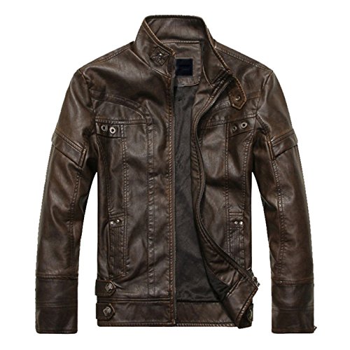 LEOCLOTHO Chaqueta Biker de Cuero PU para Hombre Motorista Cazadora de Piel con Cuello Alto Retro Chaquetas Abrigos Marrón S