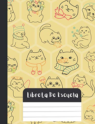 libreta de escuela: Kawaii cat cuaderno de papel con renglones anchos, para niñas, adolescentes, niños, estudiantes, cuaderno 19x25 cm, 100 páginas