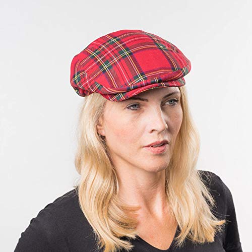 Lipodo Tartan Gorra Plana con Estampado escocés Mujer/Hombre - Gorra chata Fabricada en Italia - Boina Plana Otoño/Invierno - con Forro Acolchado - Gorra Plana a Cuadros Rojo 59 cm