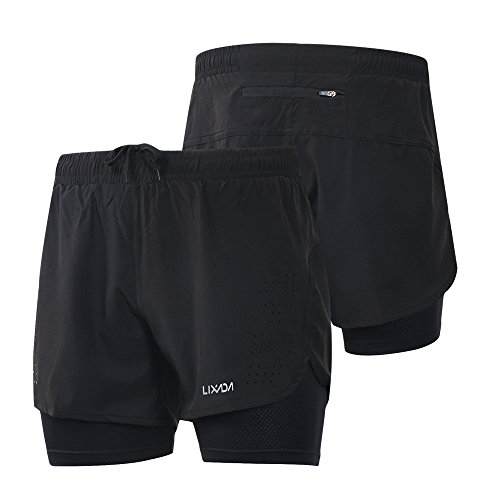 Lixada Hombres Pantalónes Cortos de Running 2-en-1, Pantalones Cortos de Atletismo, Pantalones Cortos de Fitness Maratón, Transpirable Pantalones+Secado Rápido (Negro, XXL)