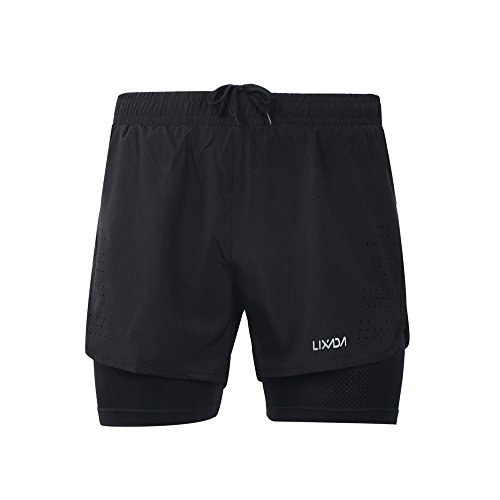 Lixada Hombres Pantalónes Cortos de Running 2-en-1, Pantalones Cortos de Atletismo, Pantalones Cortos de Fitness Maratón, Transpirable Pantalones+Secado Rápido (Negro, XXL)