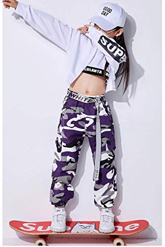 LOLANTA 2 Piezas Niñas Hip Hop Street Dance Solo Ropa Set Crop Tank Top+Camuflaje Jogger Pantalones, Morado, 150