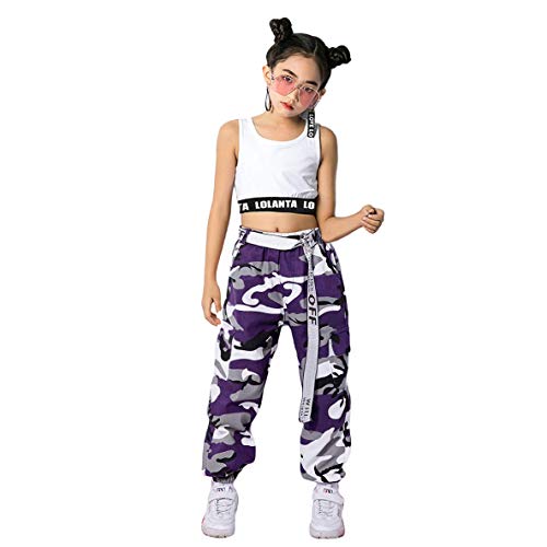 LOLANTA 2 Piezas Niñas Hip Hop Street Dance Solo Ropa Set Crop Tank Top+Camuflaje Jogger Pantalones, Morado, 150