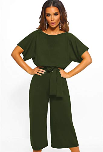 Longwu Mujeres Casual Elegante Cintura Alta Mono de Manga Corta Pantalones de Pierna Ancha Ocasionales Mamelucos Sueltos con cinturón Ejercito Verde-L