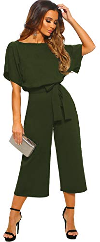 Longwu Mujeres Casual Elegante Cintura Alta Mono de Manga Corta Pantalones de Pierna Ancha Ocasionales Mamelucos Sueltos con cinturón Ejercito Verde-L