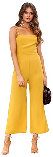 Longwu Mujeres sin Tirantes de la Correa de Espagueti Jumpsuit Moda de Pierna Ancha Pantalones de Cintura Alta Rompers Amarillo-XL