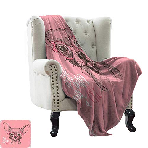 LsWOW Manta de Playa para Perro, Chihuahua, Dibujo, ilustración con Cita, Gafas, Lazos, Cachorro, Color Rosa pálido, Verde Militar, Tela de Microfibra de Felpa de Lujo para Invierno