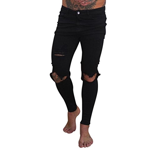 LuckyGirls Pantalones Hombres Vaqueros Originales Rotos Casuales Motocicleta Pantalones Slim Agujero Elasticos Streetwear Moda Pantalón (M, Negro)