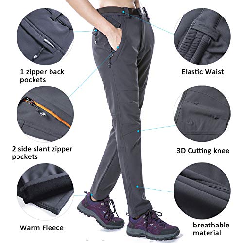 LUI SUI Pantalones de Senderismo para Mujer Pantalones Softshell de Lana para Caminar en la Nieve al Aire Libre （Cintura: 28 '' - 30 ''）