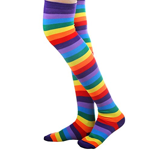 Luoem - Diadema de unicornio, falda, tutú, calcetines altos de rayas multicolor y guantes largos, disfraz de unicornio para mujer
