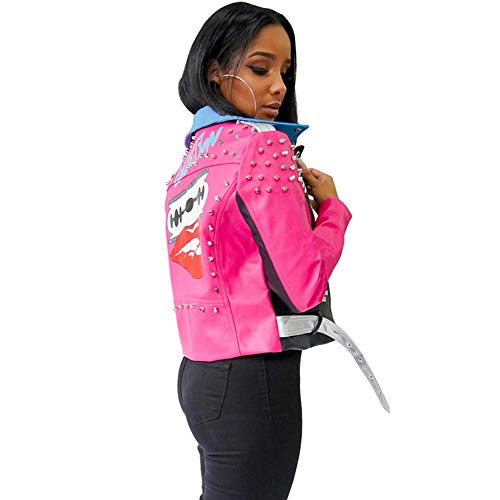 LUONE Chaqueta De Cuero De Moda para Mujer, Chaqueta De Cuero con Estampado De Tachuelas Y Cremallera Solapa Chaqueta Casual Chaqueta De Motorista,Blackwithpink,S