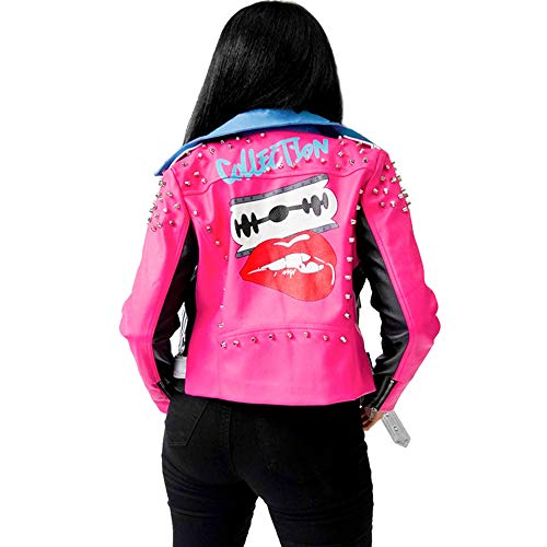 LUONE Chaqueta De Cuero De Moda para Mujer, Chaqueta De Cuero con Estampado De Tachuelas Y Cremallera Solapa Chaqueta Casual Chaqueta De Motorista,Blackwithpink,S