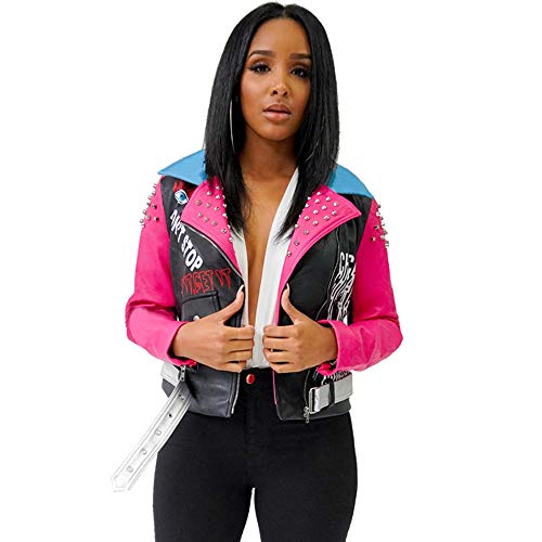 LUONE Chaqueta De Cuero De Moda para Mujer, Chaqueta De Cuero con Estampado De Tachuelas Y Cremallera Solapa Chaqueta Casual Chaqueta De Motorista,Blackwithpink,S