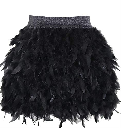 L'VOW Mujer Sexy Cintura Media Mini línea A Falda de Naturales Plumas para Fiesta de Bodas de Halloween (Negro, L)