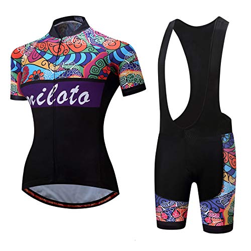 Maillot de Ciclismo para Mujer, Conjunto de Manga Corta, Camiseta de Bicicleta de Secado Rápido, Chaqueta Camiseta + Pantalones Cortos Acolchados - Trajes de Montar MTB ( Color : A , Talla : Pequeño )