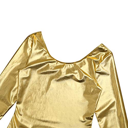 Maillot de Danza Ballet Gimnasia Leotardo Body Clásico Brillante Elástico para Mujer de Manga Larga Cuello Redondo (XL, Oro)