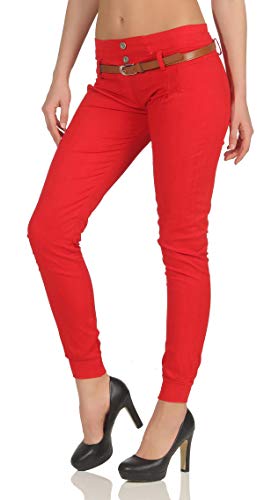 Malito 5396 - Pantalones chinos para mujer, con cinturón, pantalones de tela con elástico, estilo informal rojo L