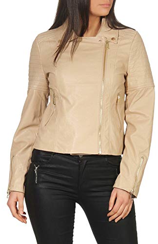 Malito Mujer Chaqueta Cuero Sintético Biker Chaqueta Saco Blazer Faux Leather 5177 (Beige, L)