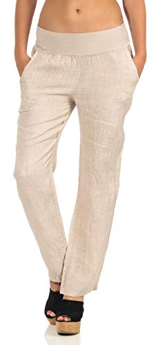 Malito Mujer Pantalón Lino Color Uni Pantalones Chino 7792 (Beige, S)