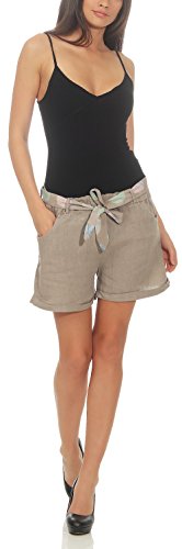 Malito Mujer Pantalones de Lino Pantalones Cortos Bermuda Basic Plain Colores 6058 (Fango, M)