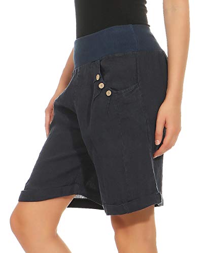 Malito Mujer Pantalones de Lino Pantalones Cortos Bermuda Uni Colors 8024 (Azul Oscuro, S)