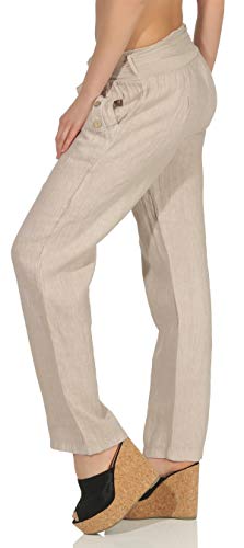 Malito Mujer Pantalones Lino Pantalones Finos Ocio Colores Lisos 8174 (Beige, S)