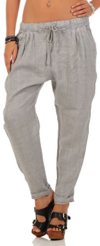Malito Ocio Pantalones de Lino con Cintura Elástica 6816 Mujer (L, Gris Claro)