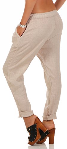 Malito Ocio Pantalones de Lino con Cintura Elástica 6816 Mujer (XL, Beige)