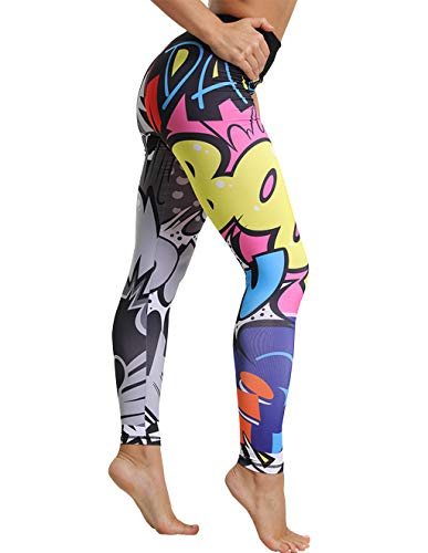 Mallas Deporte Mujer Leggins Yoga Pantalón Medias Deportivas Patrón de Dibujos Animados Gym Pantalones Deportivos Elástico Polainas para Running Pilates Fitness Ejercicio (Multicolor, L)