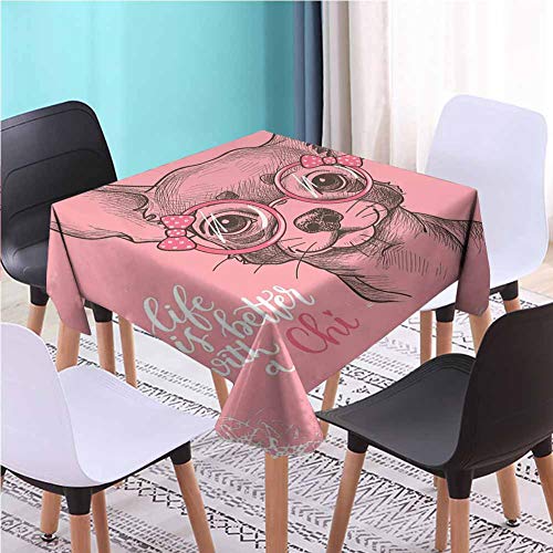 Mantel cuadrado para perro, diseño de chihuahua, diseño de dibujo con cita, color rosa pálido y verde militar