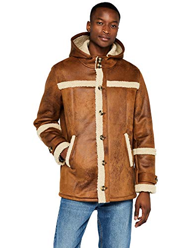 Marca Amazon - find. Chaqueta Efecto Piel con Capucha para Hombre, Beige (Camel Camel), S, Label: S