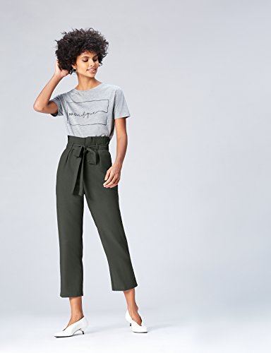 Marca Amazon - find. Check Paperbag Waist, Pantalón de Cuadros con Cintura de Fuelle Mujer, Verde (Khaki), 36, Label: XS