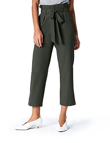 Marca Amazon - find. Check Paperbag Waist, Pantalón de Cuadros con Cintura de Fuelle Mujer, Verde (Khaki), 36, Label: XS