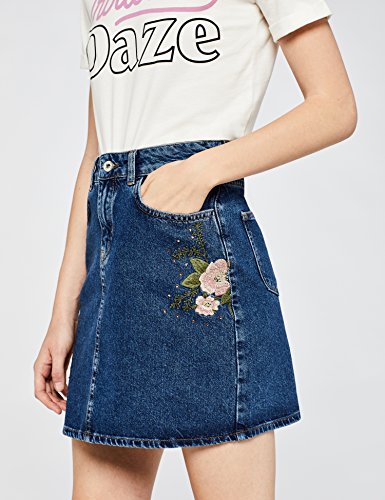 Marca Amazon - find. Falda Vaquera con Bordados Mujer, Azul (Blue), 36, Label: XS