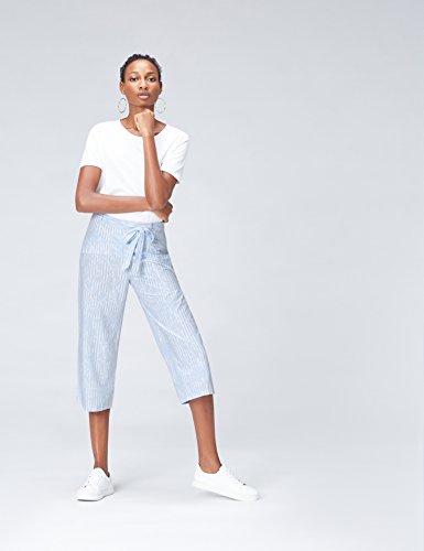 Marca Amazon - find. Pantalón Estampado con Lazada en la Cintura para Mujer, Azul (Blue Stripe), 38, Label: S