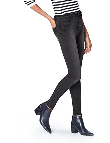 Marca Amazon - find. Vaqueros Ceñidos de Tiro Medio Mujer, Negro (Washed Black), 26W / 32L, Label: 26W / 32L