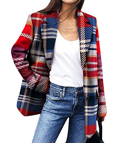 Minetom Blazer A Cuadros para Mujer Botones Blazer De Manga Larga Chaqueta Corta A Cuadros Chaqueta De Negocios Blazer A Rojo L