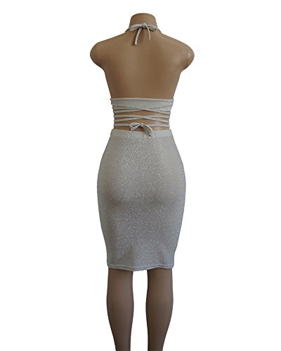 Minetom Mujer Atractivo Camisa Blusa Cuello en V Sin Mangas Crop Top + Falda Dos Piezas Conjuntos Club Fiestas Lentejuelas Bodycon Vestido Blanco ES 38