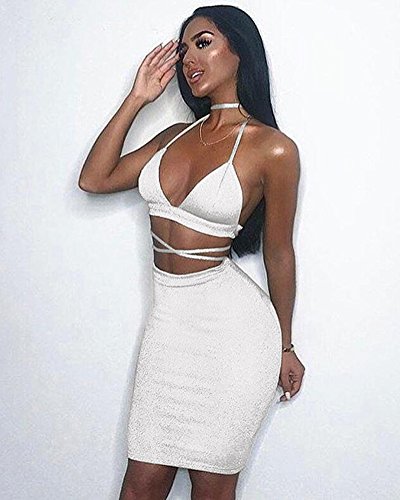 Minetom Mujer Atractivo Camisa Blusa Cuello en V Sin Mangas Crop Top + Falda Dos Piezas Conjuntos Club Fiestas Lentejuelas Bodycon Vestido Blanco ES 38