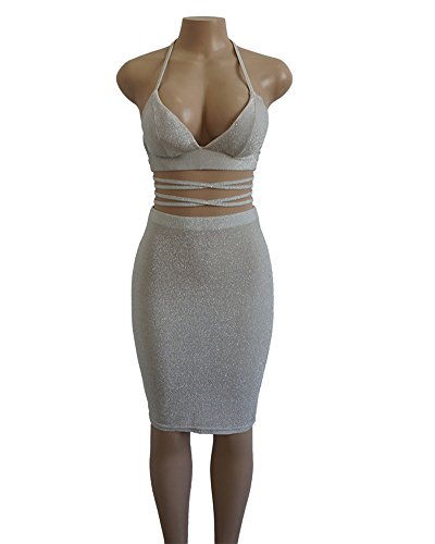 Minetom Mujer Atractivo Camisa Blusa Cuello en V Sin Mangas Crop Top + Falda Dos Piezas Conjuntos Club Fiestas Lentejuelas Bodycon Vestido Blanco ES 38
