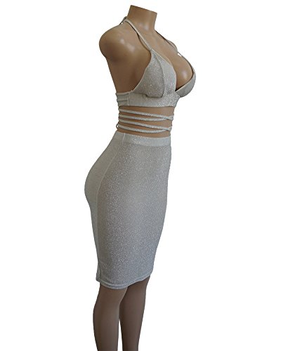 Minetom Mujer Atractivo Camisa Blusa Cuello en V Sin Mangas Crop Top + Falda Dos Piezas Conjuntos Club Fiestas Lentejuelas Bodycon Vestido Blanco ES 38