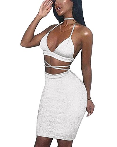 Minetom Mujer Atractivo Camisa Blusa Cuello en V Sin Mangas Crop Top + Falda Dos Piezas Conjuntos Club Fiestas Lentejuelas Bodycon Vestido Blanco ES 38