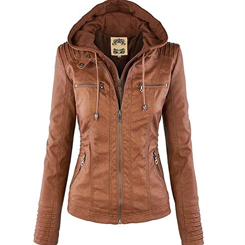 Minetom Mujer Invierno Cremallera Jackets Chaquetas Deportiva Cuero Moto Cazadoras Imitacion Piel Biker Abrigos con Capucha Marrón ES 38