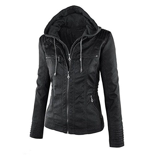 Minetom Mujer Invierno Cremallera Jackets Chaquetas Deportiva Cuero Moto Cazadoras Imitacion Piel Biker Abrigos Con Capucha Negro ES 44